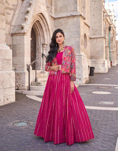 Multicolor Embroidery and Beads work Jacket Styled Crop Top Lehenga