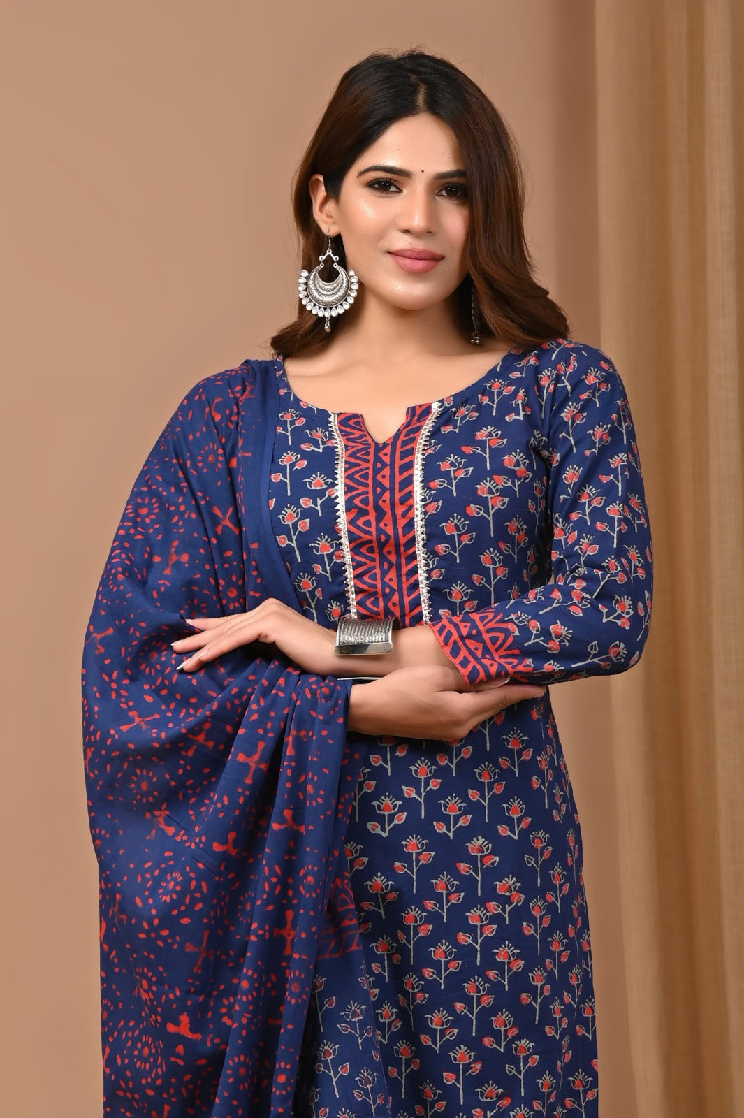 Cotton Suit Set Handblock Floral Print Blue