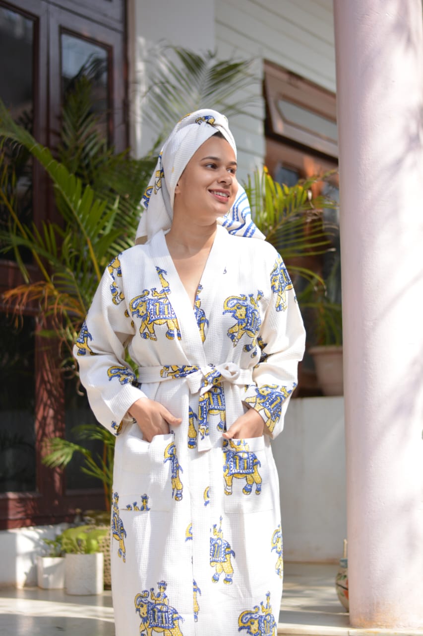 Waffle Handblock Printed Cotton Bath Robe with Towel