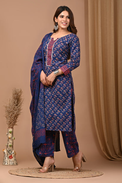 Cotton Suit Set Handblock Floral Print Blue