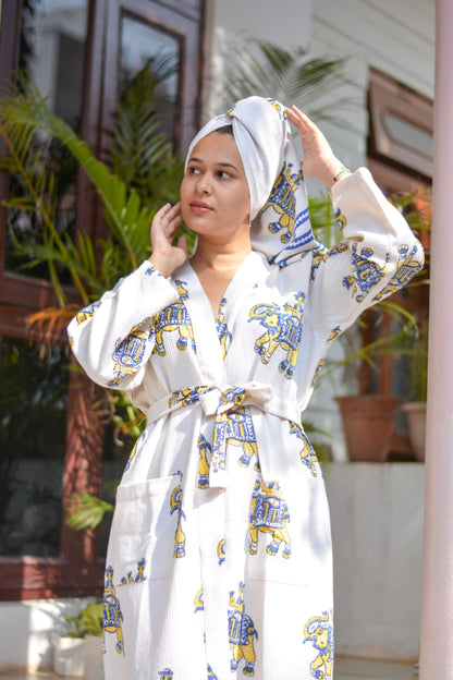 Waffle Handblock Printed Cotton Bath Robe with Towel