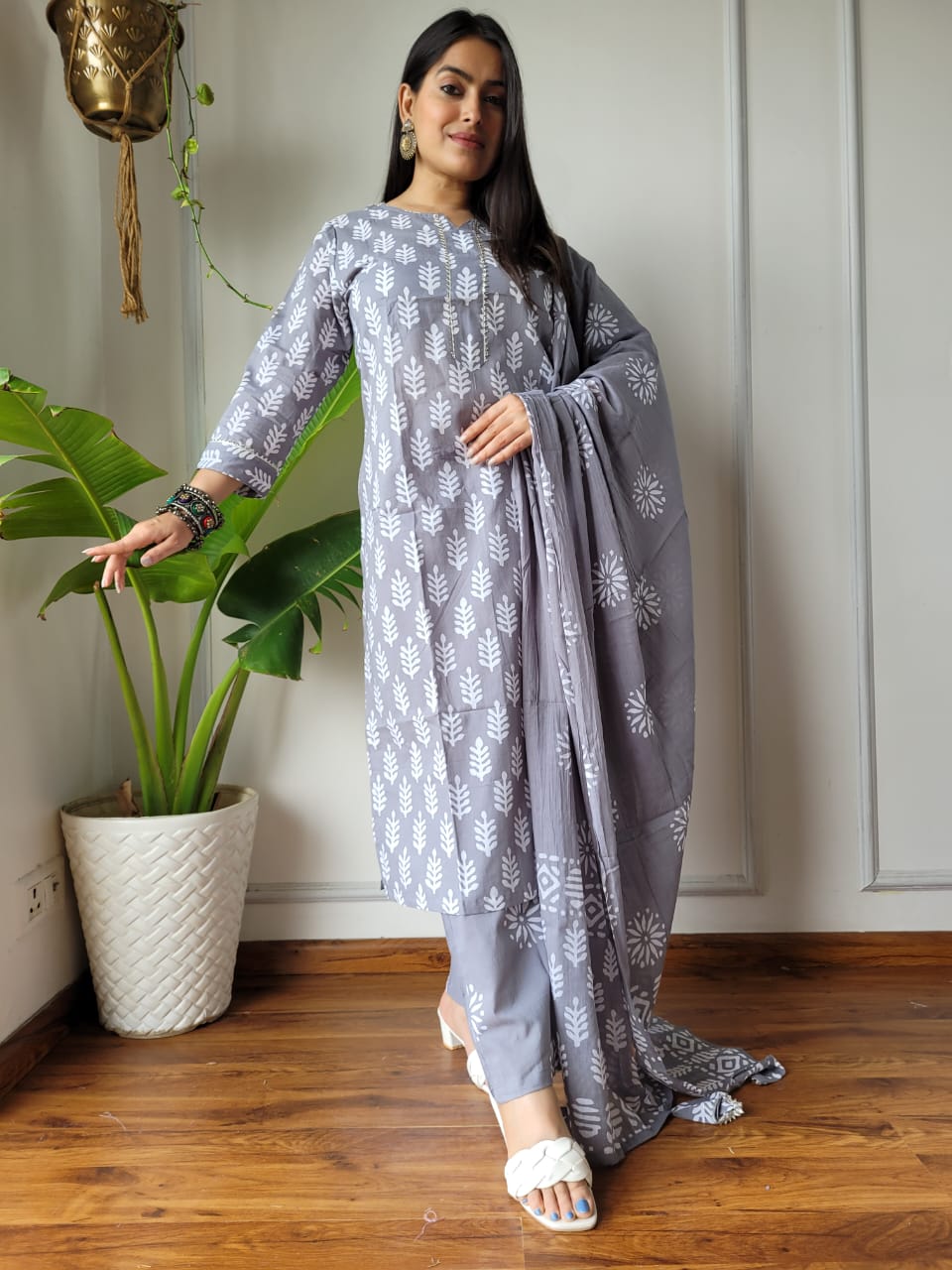 Cotton Suit Set Handblock Print Gray