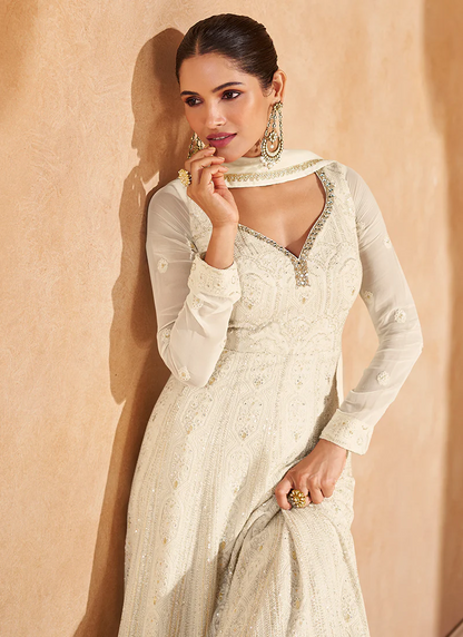 Designer Anarkali with Ivory and White Chikankari Embroidery