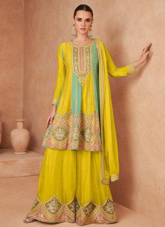 Yellow Multi Embroidery Suit in Sharara Style