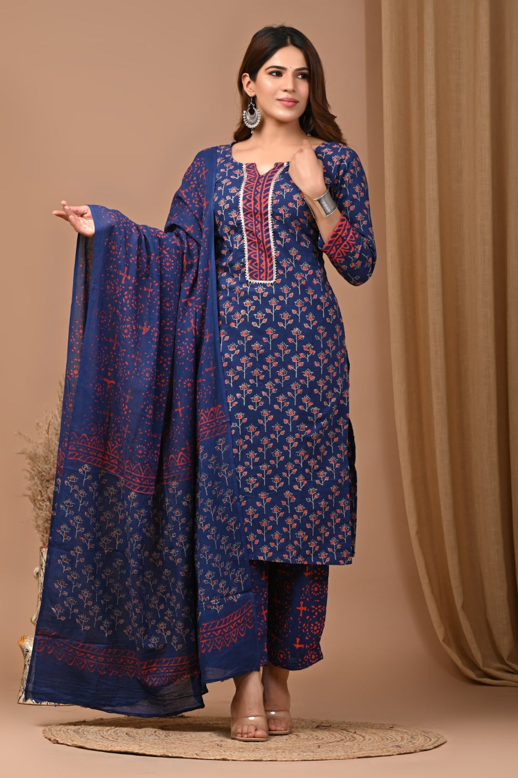 Cotton Suit Set Handblock Floral Print Blue