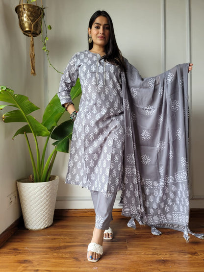 Cotton Suit Set Handblock Print Gray