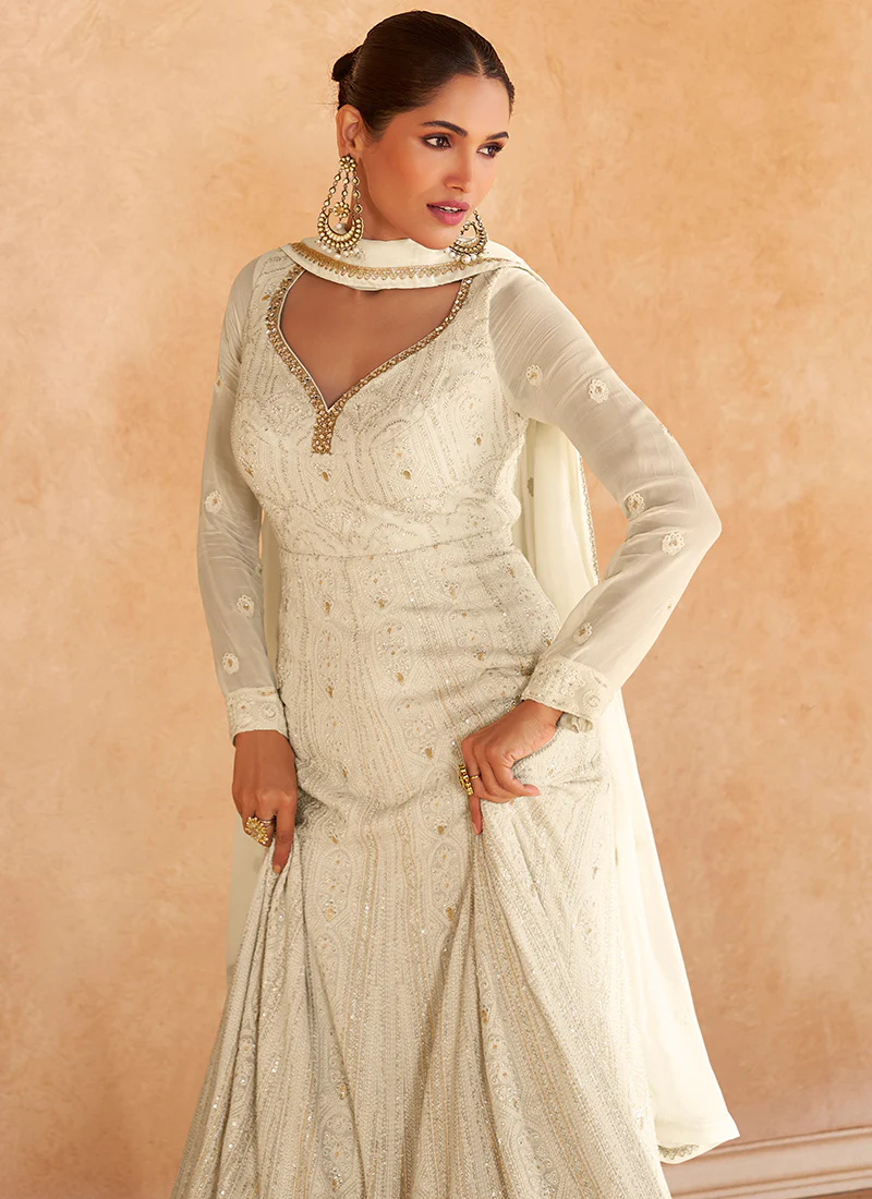 Designer Anarkali with Ivory and White Chikankari Embroidery