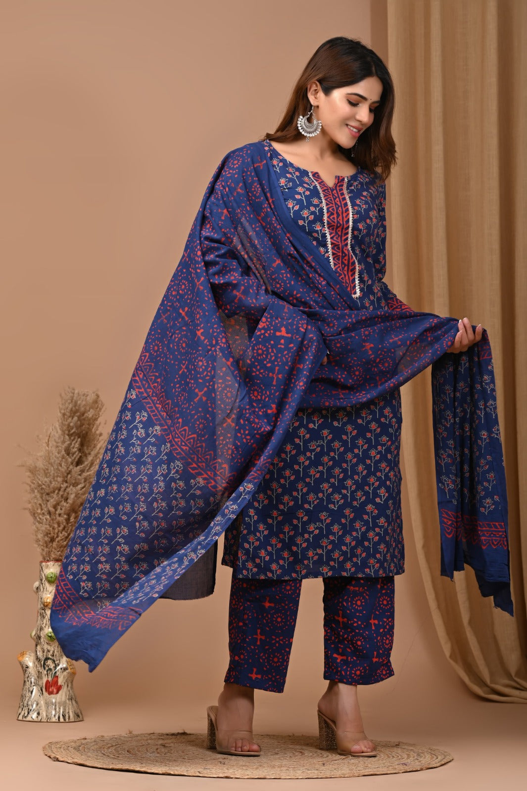 Cotton Suit Set Handblock Floral Print Blue