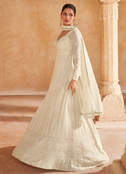 Designer Anarkali with Ivory and White Chikankari Embroidery