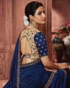 Blue Embroidered Georgette Silk Saree with Blouse Piece