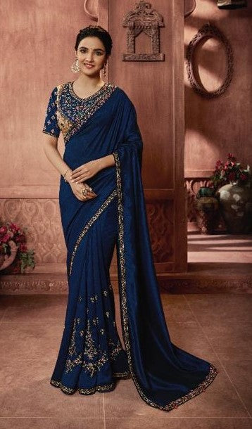 Blue Embroidered Georgette Silk Saree with Blouse Piece