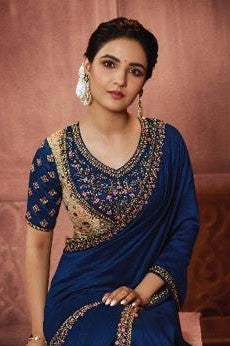 Blue Embroidered Georgette Silk Saree with Blouse Piece