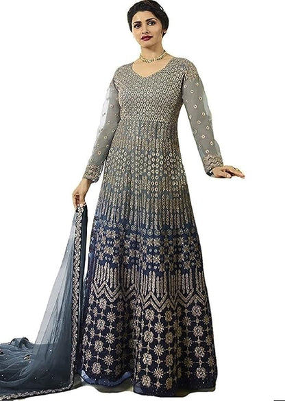 Net Grey And Blue Semi Stitched Anarkali Gown