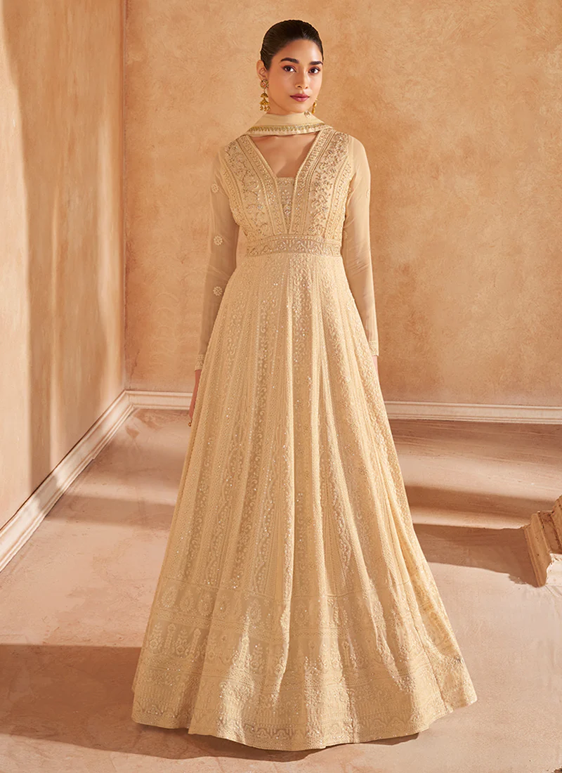 Designer Anarkali with Golden Beige Chikankari Embroidery