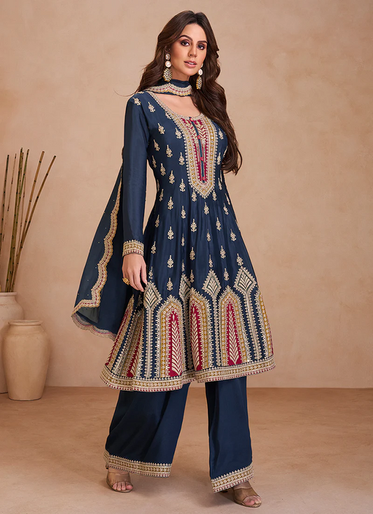 Navy Blue Traditional Embroidered Anarkali Palazzo Suit