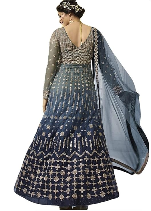 Net Grey And Blue Semi Stitched Anarkali Gown