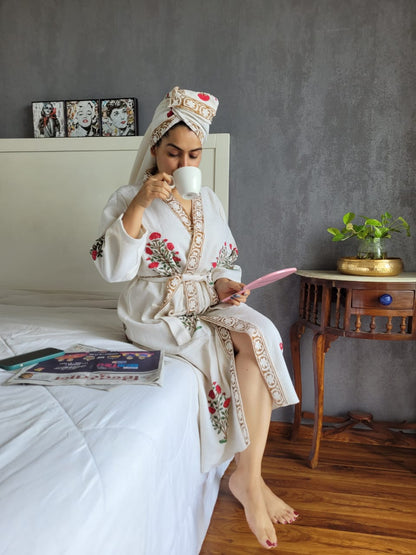 Waffle Handblock Printed Cotton Bath Robe with Towel