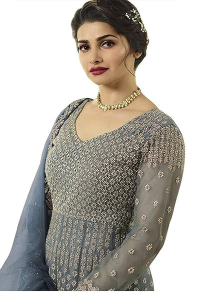 Net Grey And Blue Semi Stitched Anarkali Gown