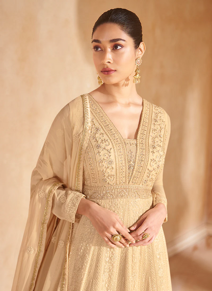 Designer Anarkali with Golden Beige Chikankari Embroidery