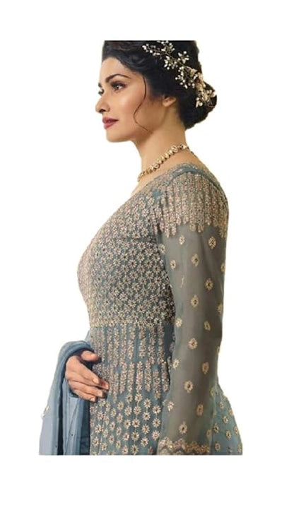 Net Grey And Blue Semi Stitched Anarkali Gown