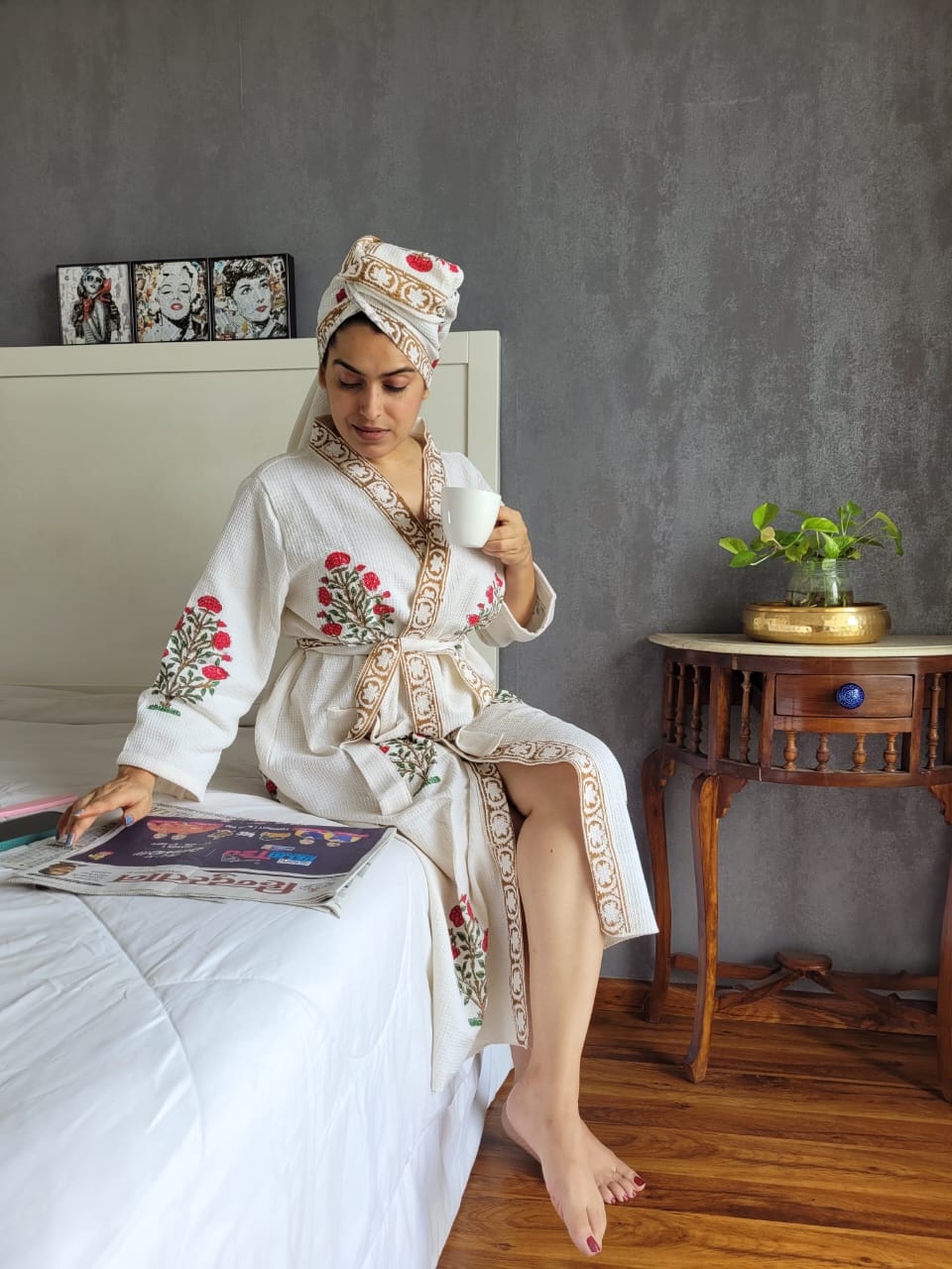 Waffle Handblock Printed Cotton Bath Robe with Towel