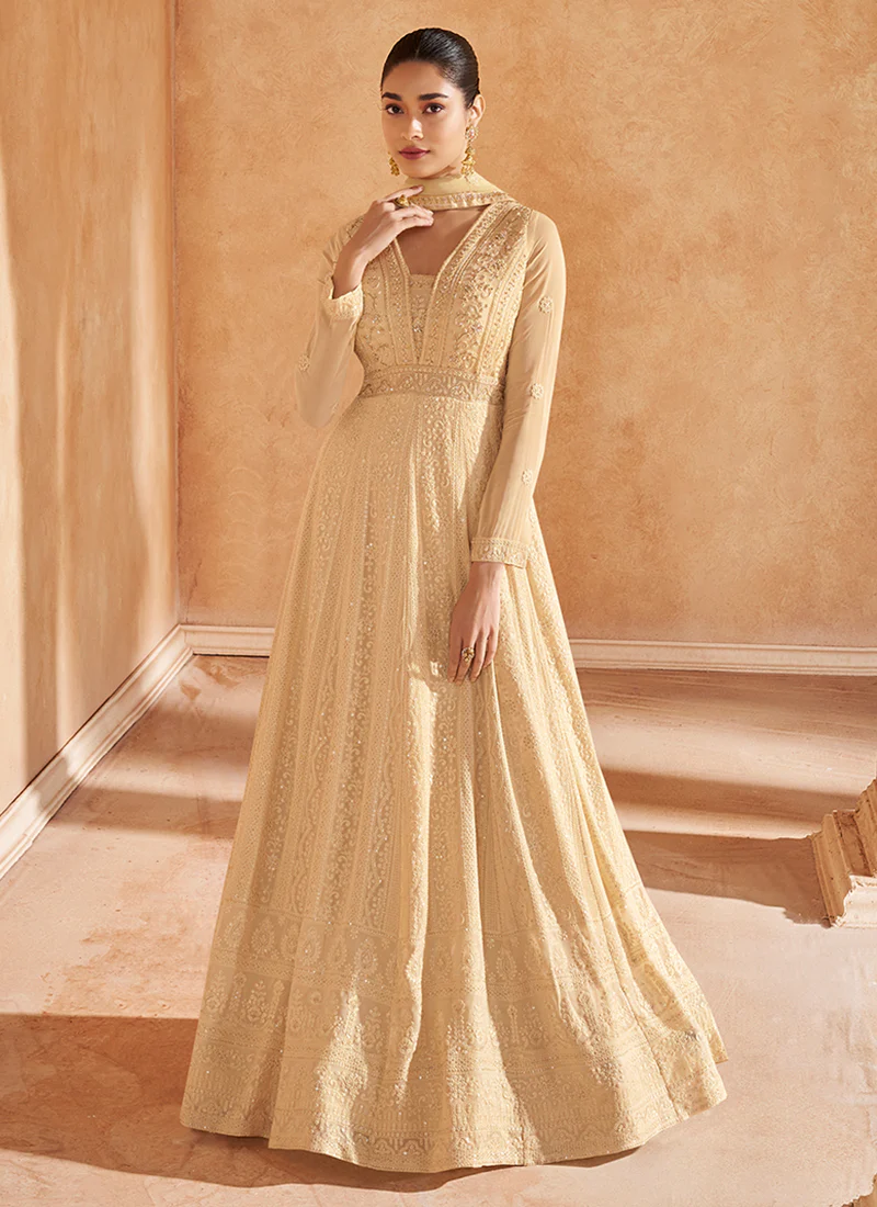 Designer Anarkali with Golden Beige Chikankari Embroidery