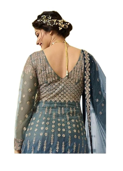 Net Grey And Blue Semi Stitched Anarkali Gown