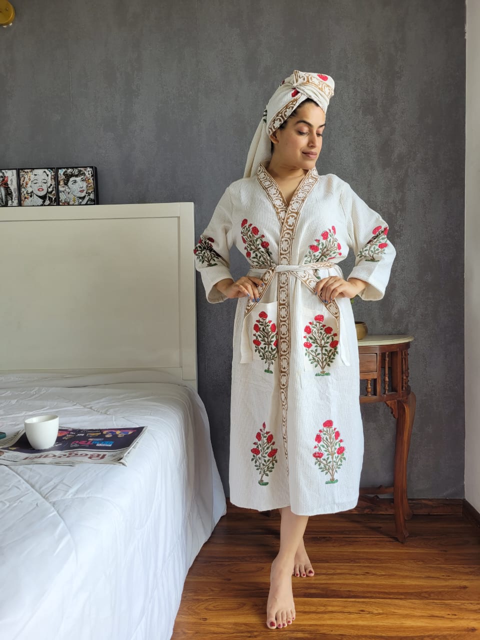 Waffle Handblock Printed Cotton Bath Robe with Towel