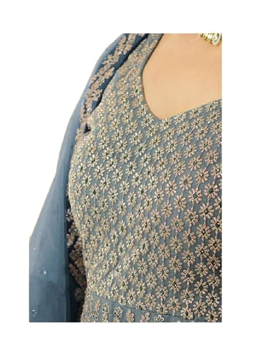 Net Grey And Blue Semi Stitched Anarkali Gown