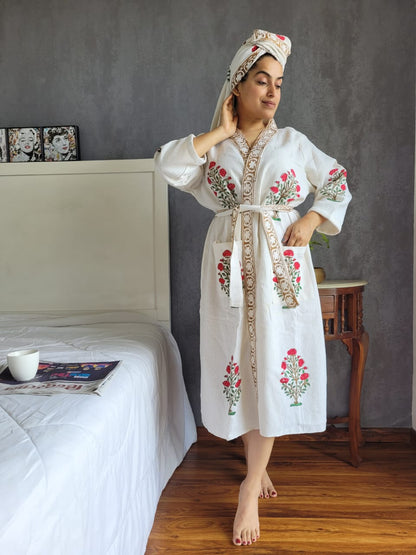 Waffle Handblock Printed Cotton Bath Robe with Towel