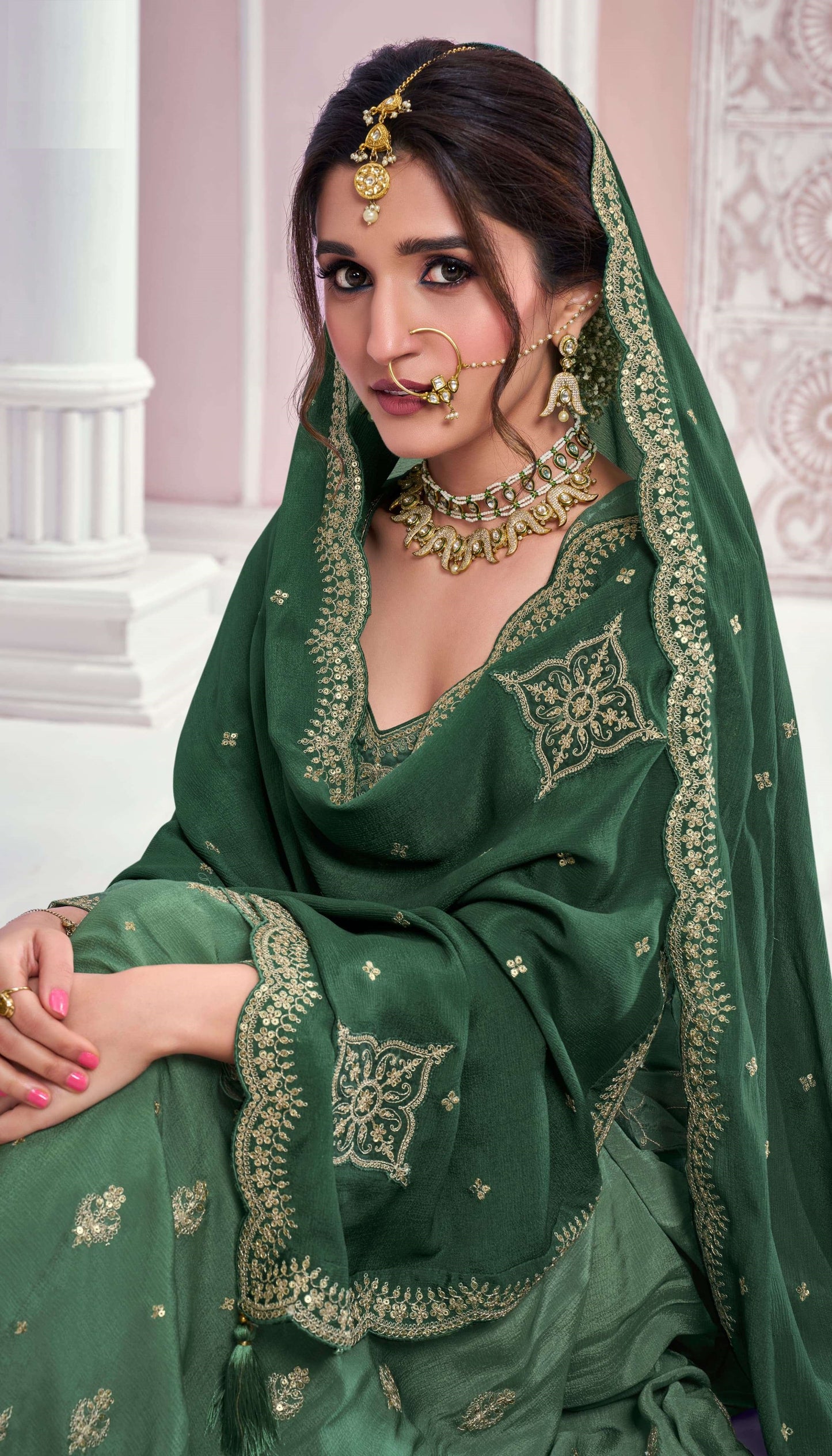 Chinon Silk Fabric Embroidered Palazzo Salwar Suit