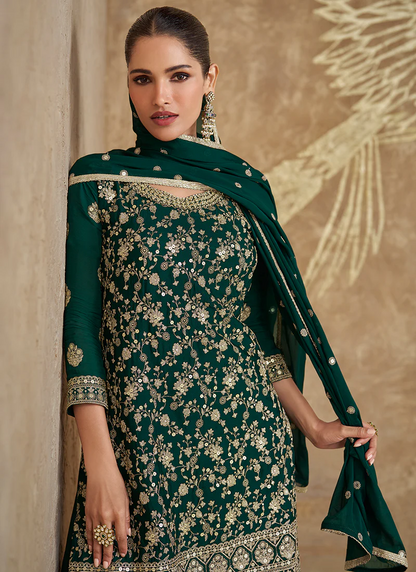 Chinon Silk Fabric Dark Green Color Glamorous Readymade Palazzo Suit