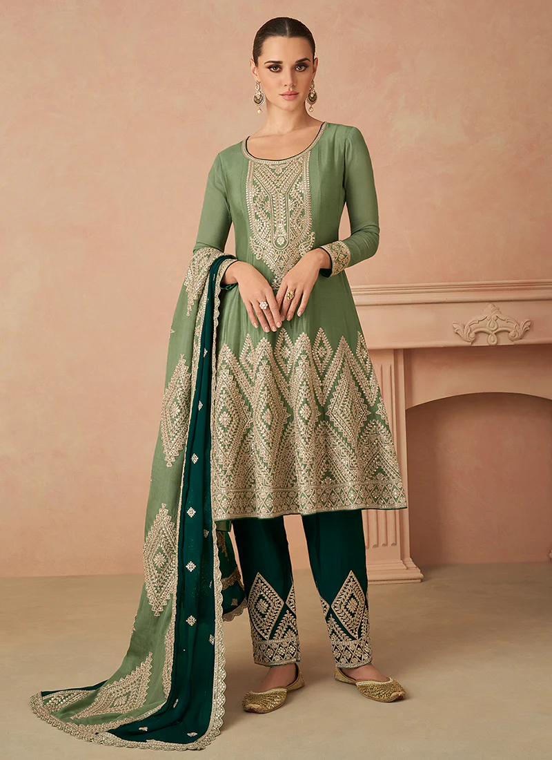 Green Two-Tone Cording Embroidered Pant Style Suit