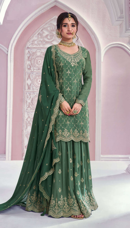 Chinon Silk Fabric Embroidered Palazzo Salwar Suit