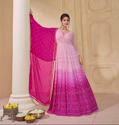 Embroidered Ombre Pink Georgette Anarkali Gown