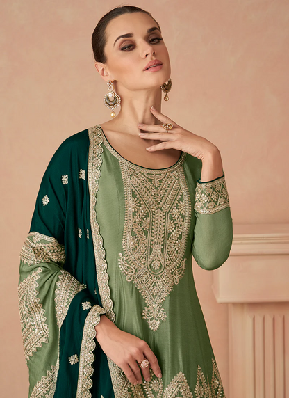 Green Two-Tone Cording Embroidered Pant Style Suit