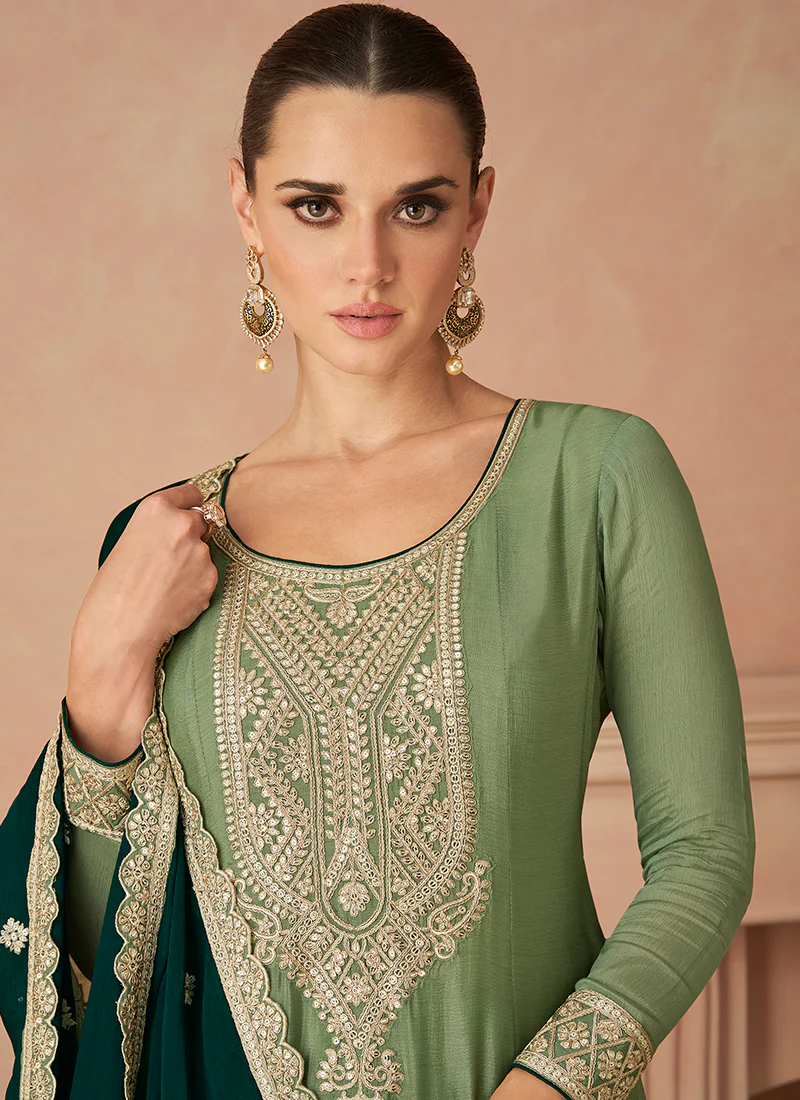 Green Two-Tone Cording Embroidered Pant Style Suit