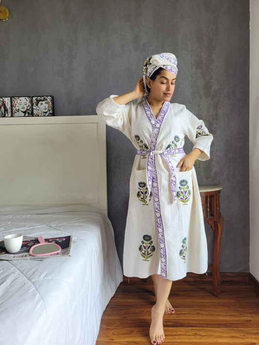 Waffle Handblock Printed Cotton Bath Robe with Towel