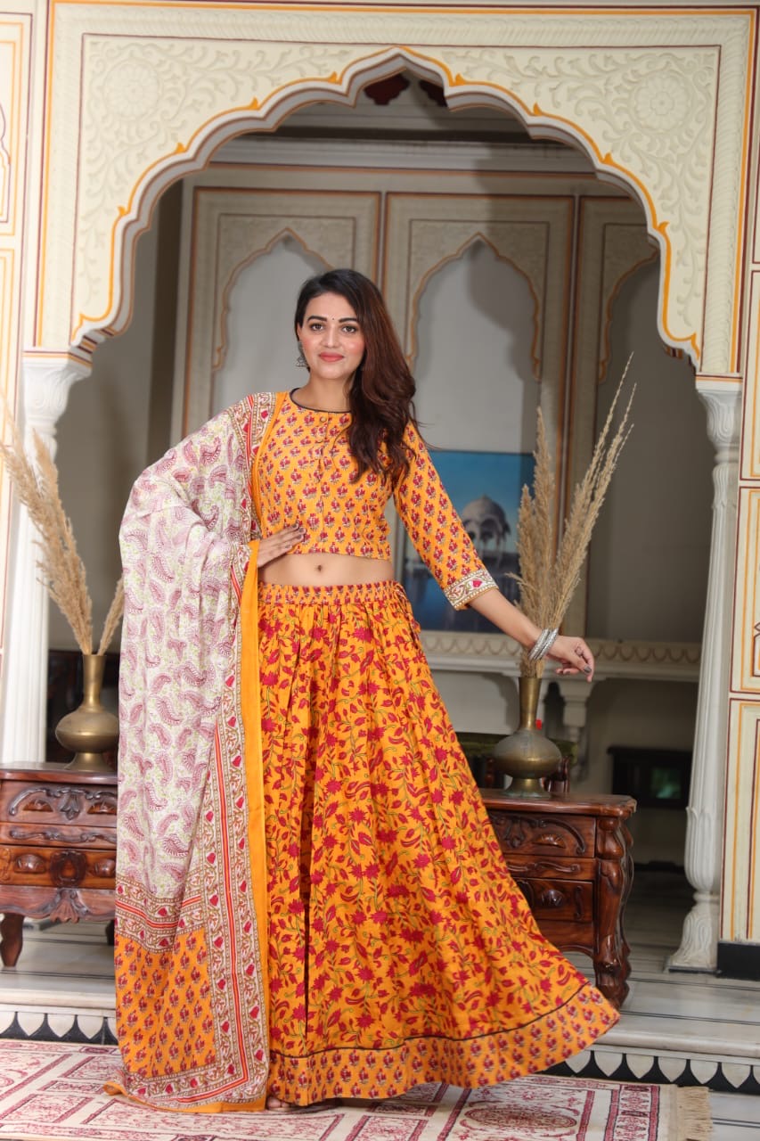 Pure Mul Cotton Lehenga Blouse & Dupatta Set