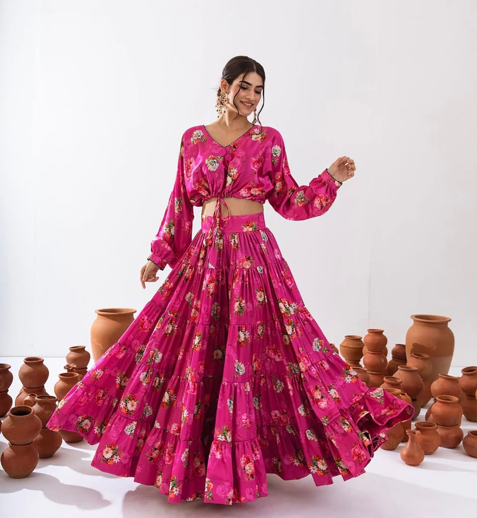 Magenta Floral Printed Tier Skirt with Crop Top