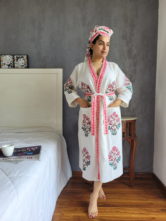 Waffle Handblock Printed Cotton Bath Robe with Towel