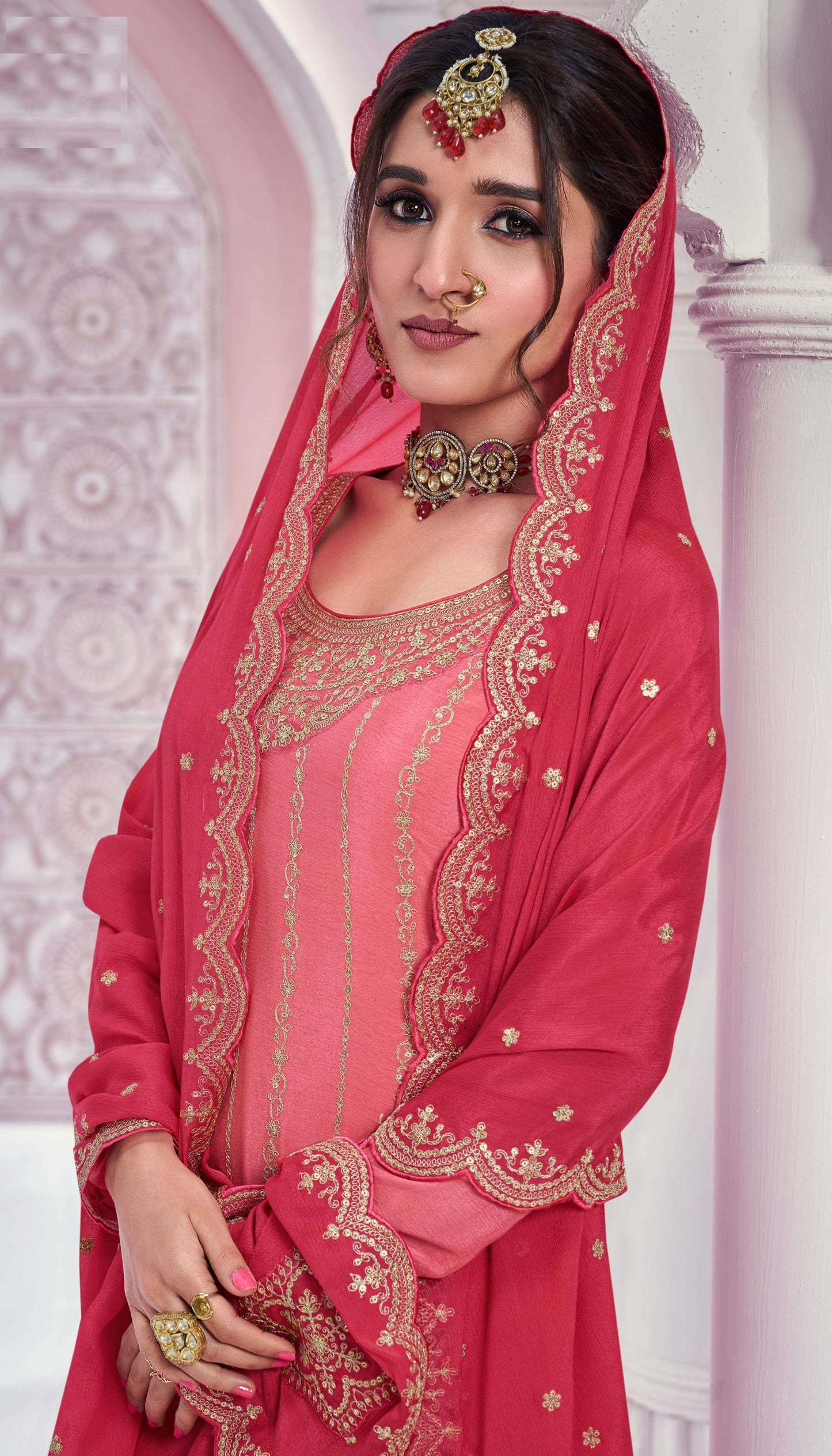 Chinon Silk Fabric Embroidered Palazzo Salwar Suit