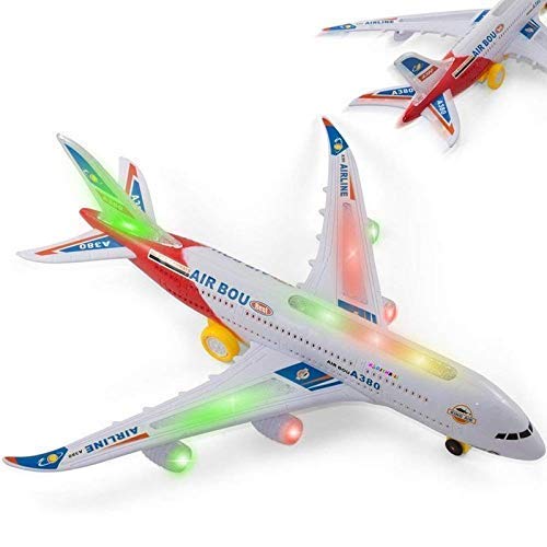 Battery-operated aeroplane toy with flashing lights and sounds for kids.