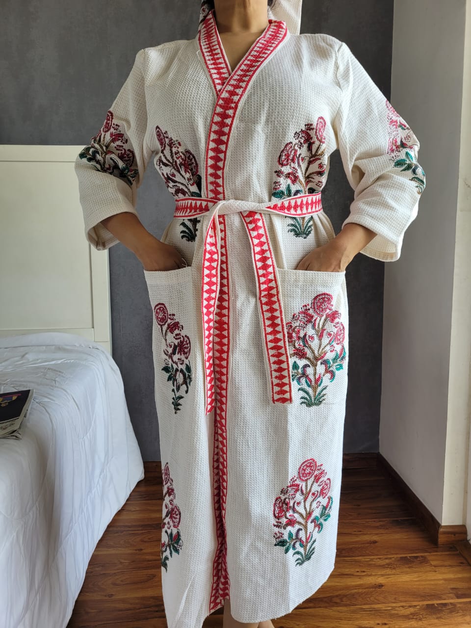 Waffle Handblock Printed Cotton Bath Robe with Towel