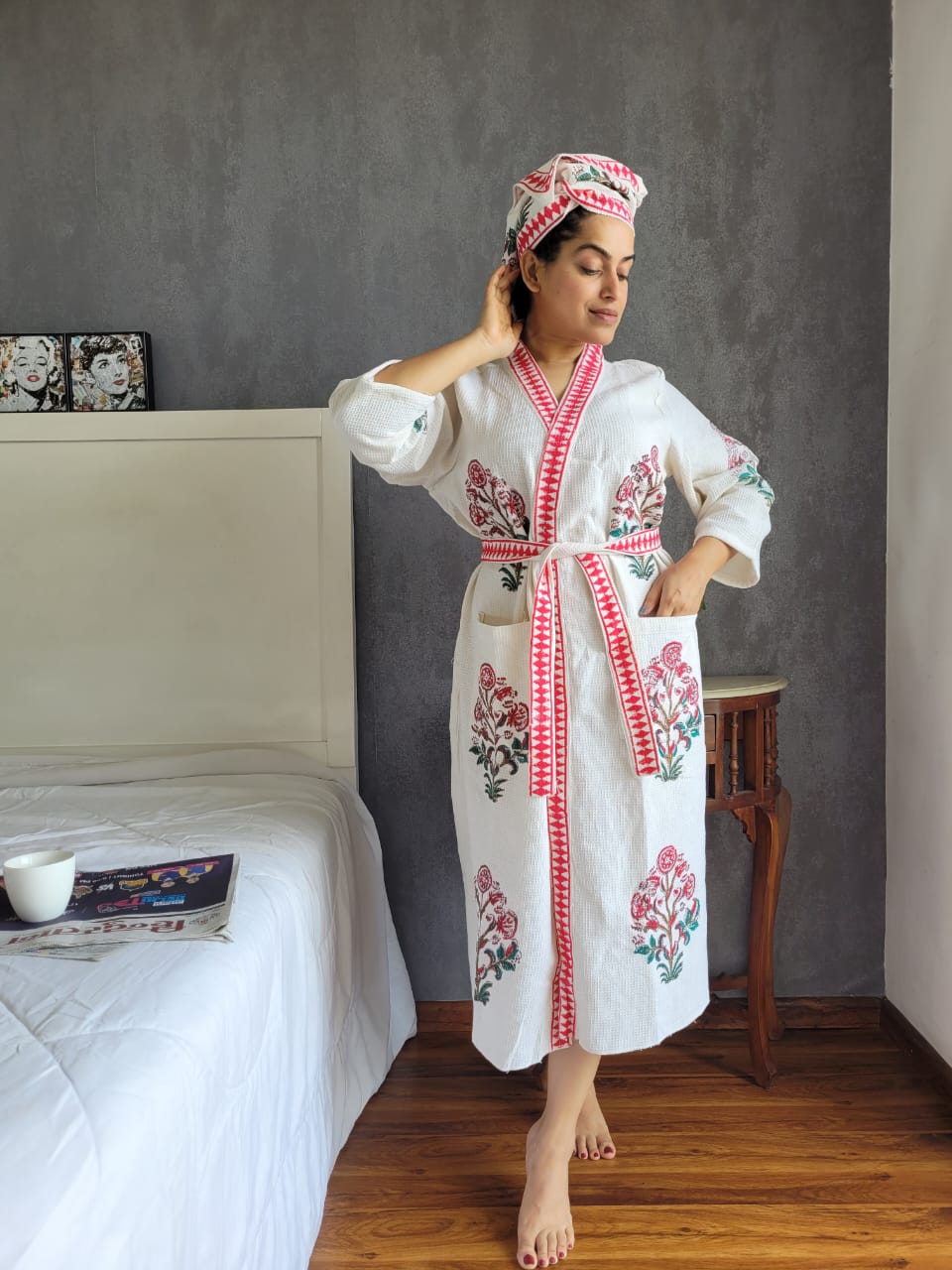 Waffle Handblock Printed Cotton Bath Robe with Towel