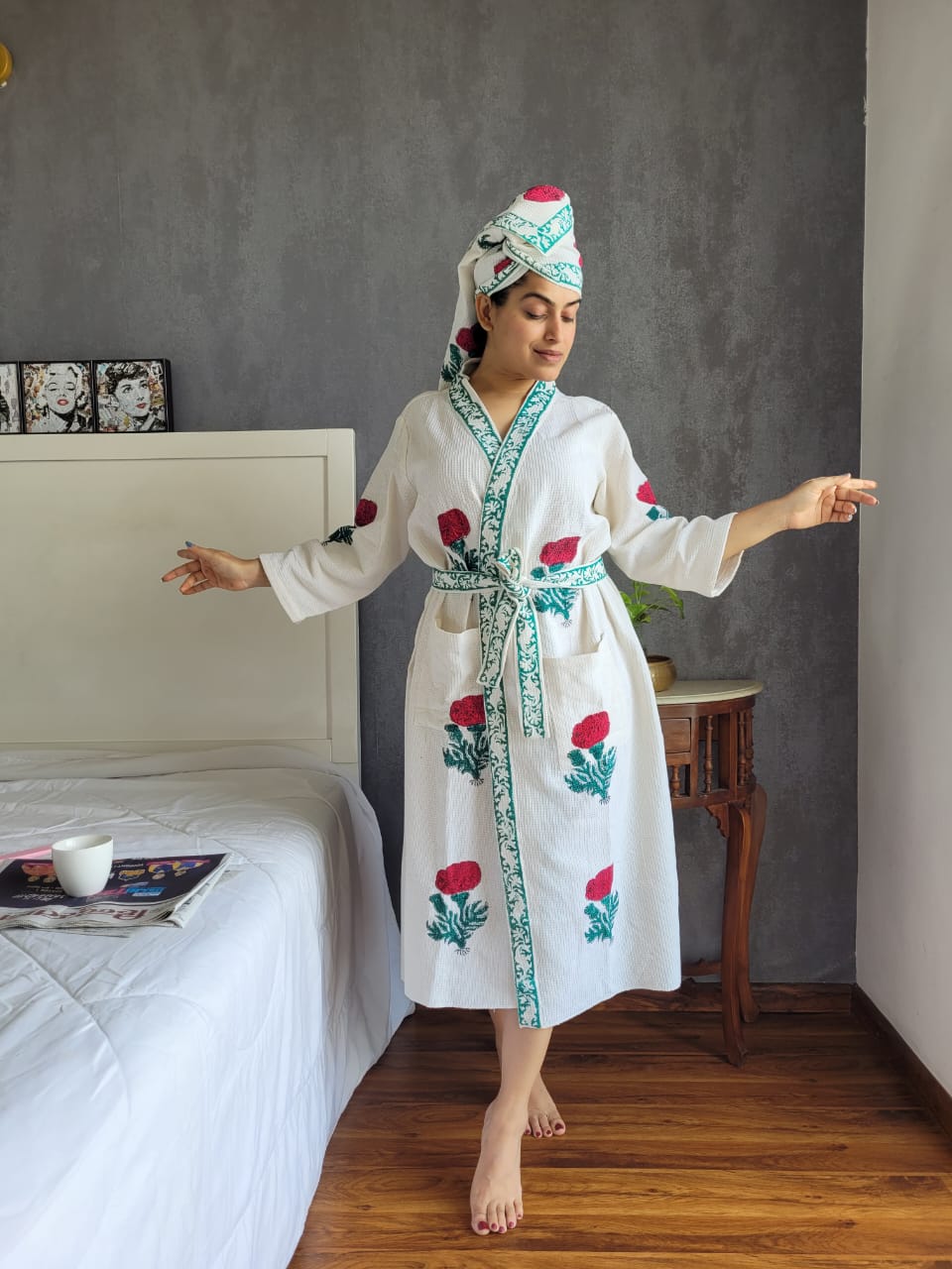 Waffle Handblock Printed Cotton Bath Robe with Towel