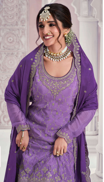 Chinon Silk Fabric Embroidered Palazzo Salwar Suit