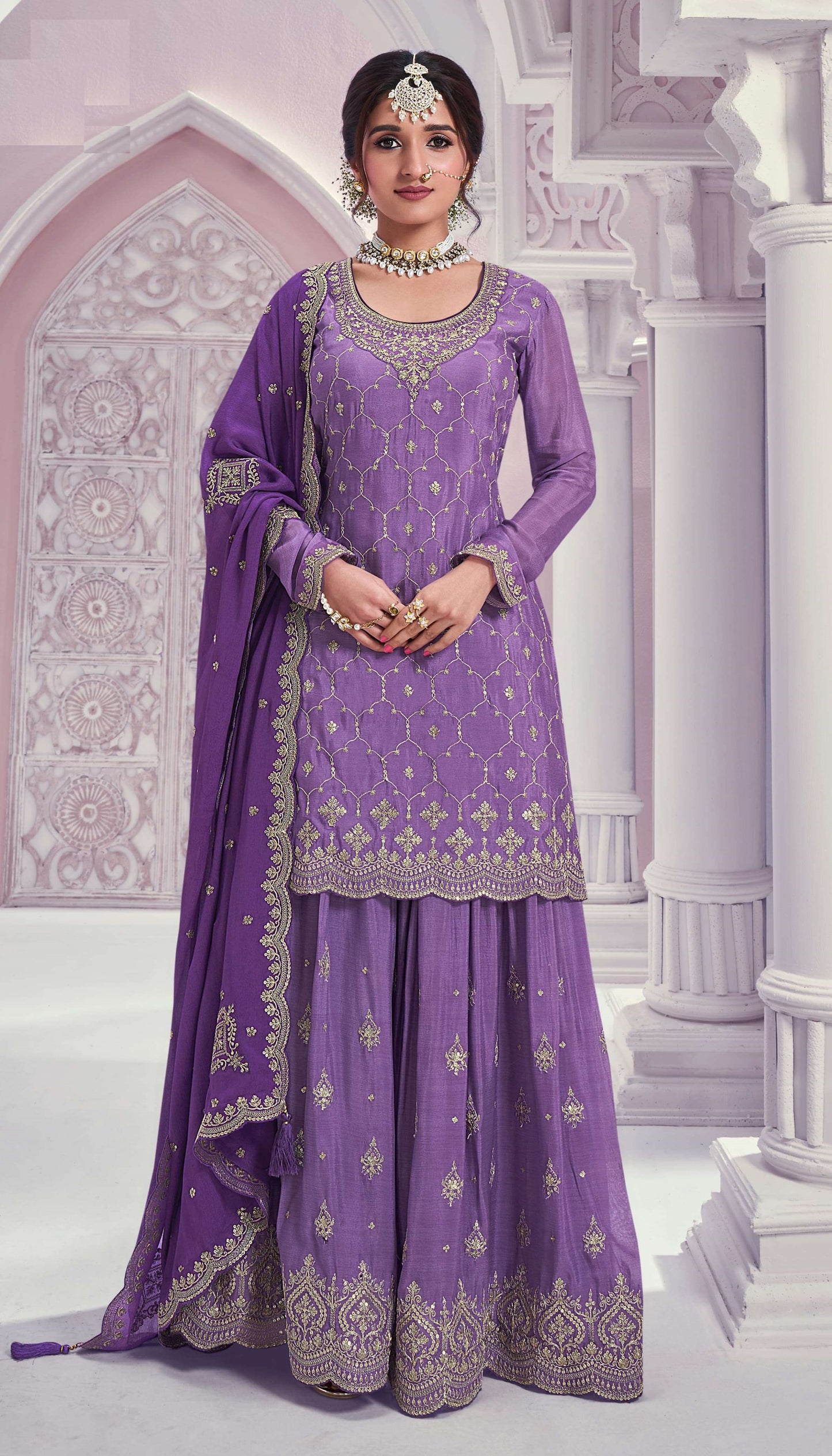 Chinon Silk Fabric Embroidered Palazzo Salwar Suit