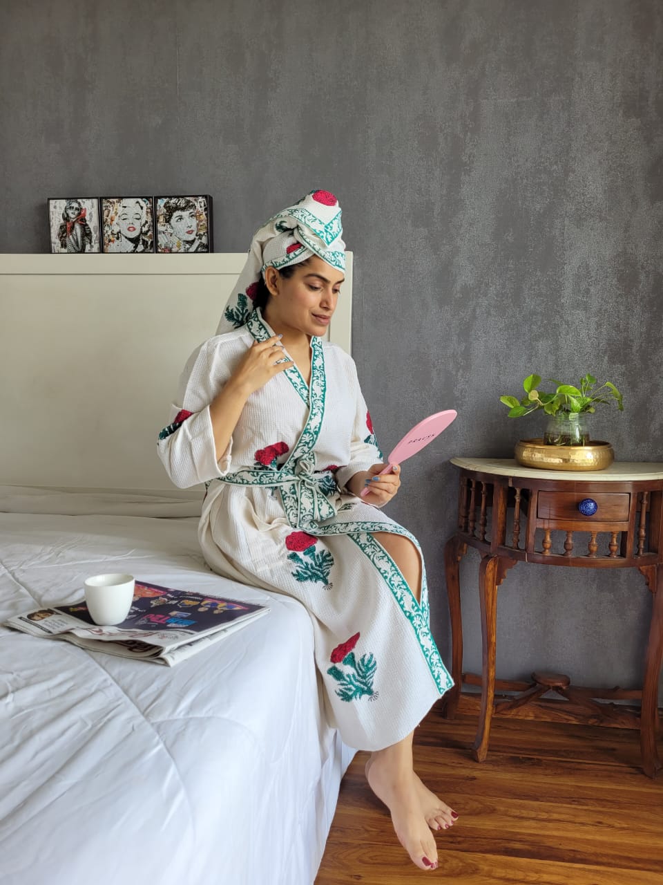 Waffle Handblock Printed Cotton Bath Robe with Towel