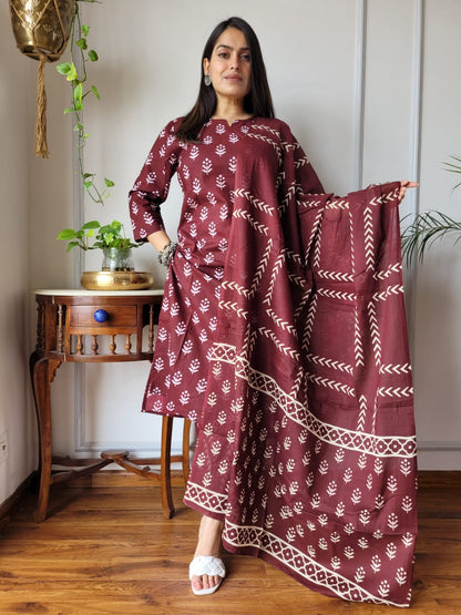 Cotton Suit Set Handblock Floral Print Maroon